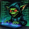 Green hooded gremlin at a keyboard, eyes glowing, cyan circuit pattern on the hoodie. Smoke wisps off the keys.